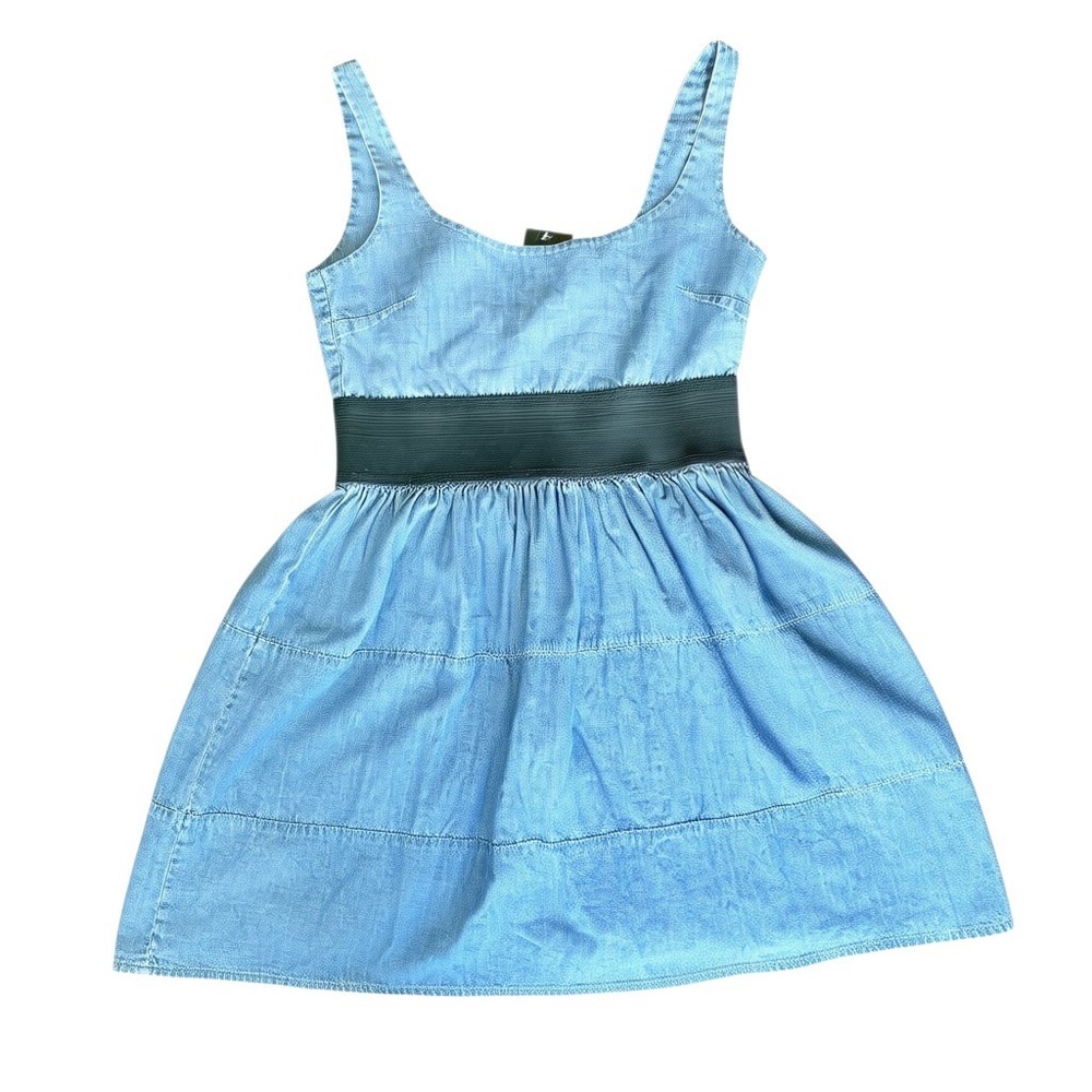 Vintage Y2K Dollhouse Denim Tiered Babydoll Dress Small S Ruffle Waist Mini